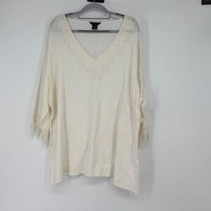 ANNE CARSON 2X Cream Linen Lace Trim 3/4 Sleeve V-Neck Top‎ Tunic Resort